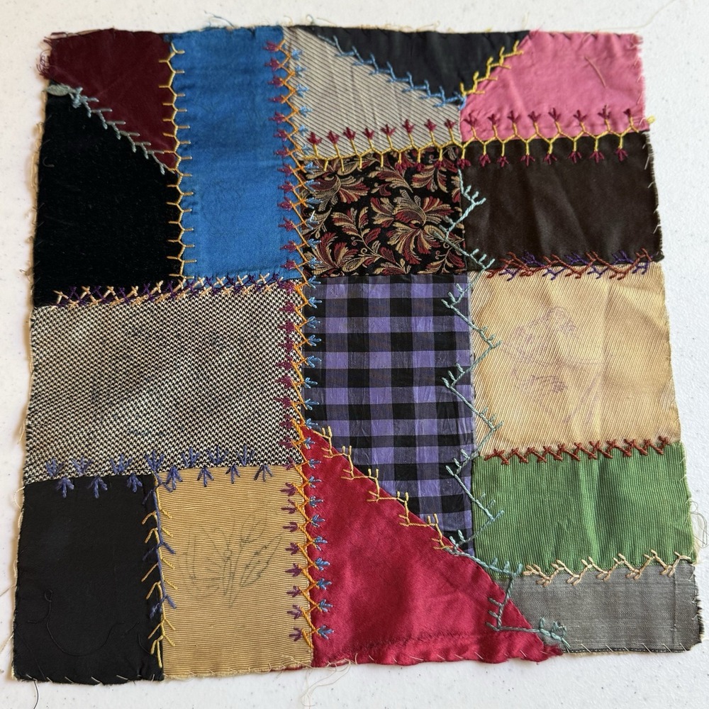 Antique Victorian Crazy Quilt Block Silk Velvet Embroidery Butterfly Bird Signed